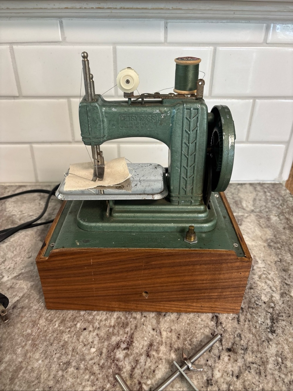 Vintage Betsy Ross Miniature Electric Sewing Machine Model 707 w/ Base- Works!
